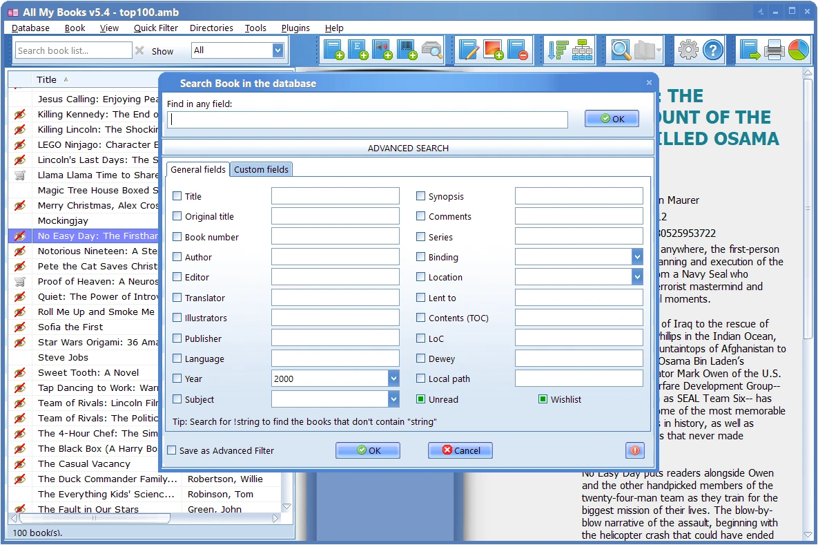 Search dialog for finding books in the collection